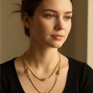 Vintage Signed Kenneth Jay Lane Long Gold Chain with 4 Filigree Accents Necklace